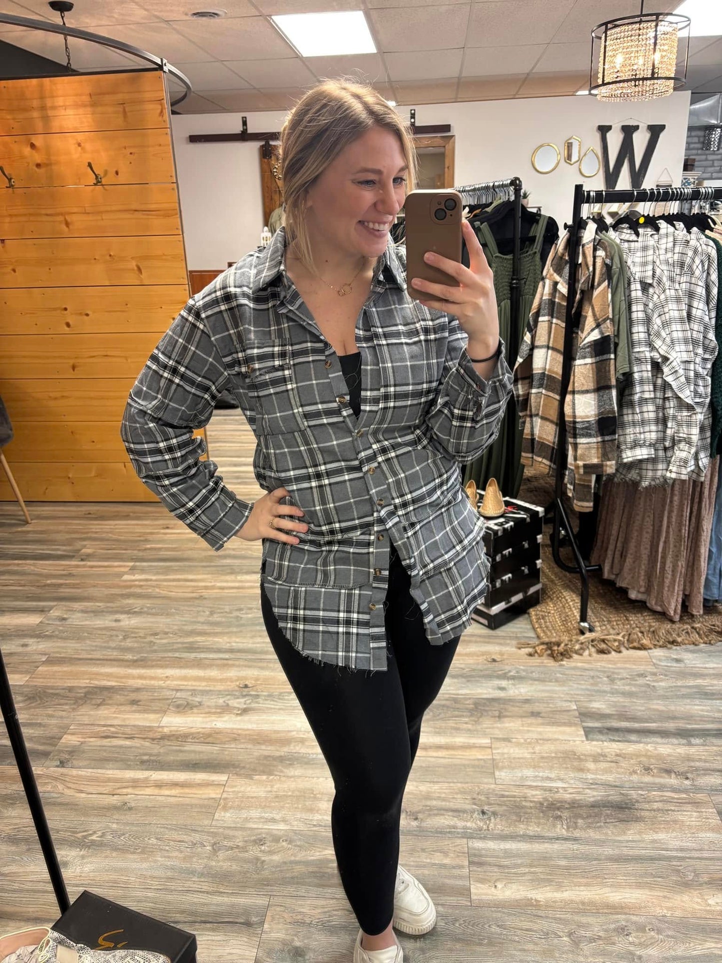 The Randi Raw Hem Oversized Flannel - Charcoal (C5)