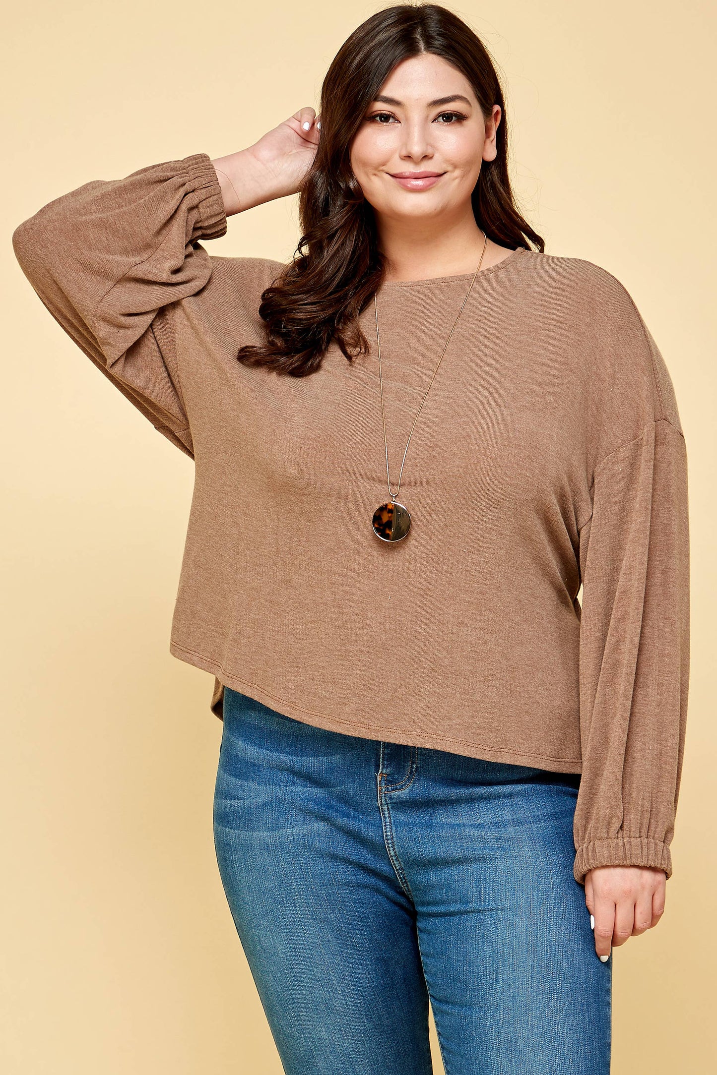 Lesley Plus Size Solid Rouched Back Top | Brown