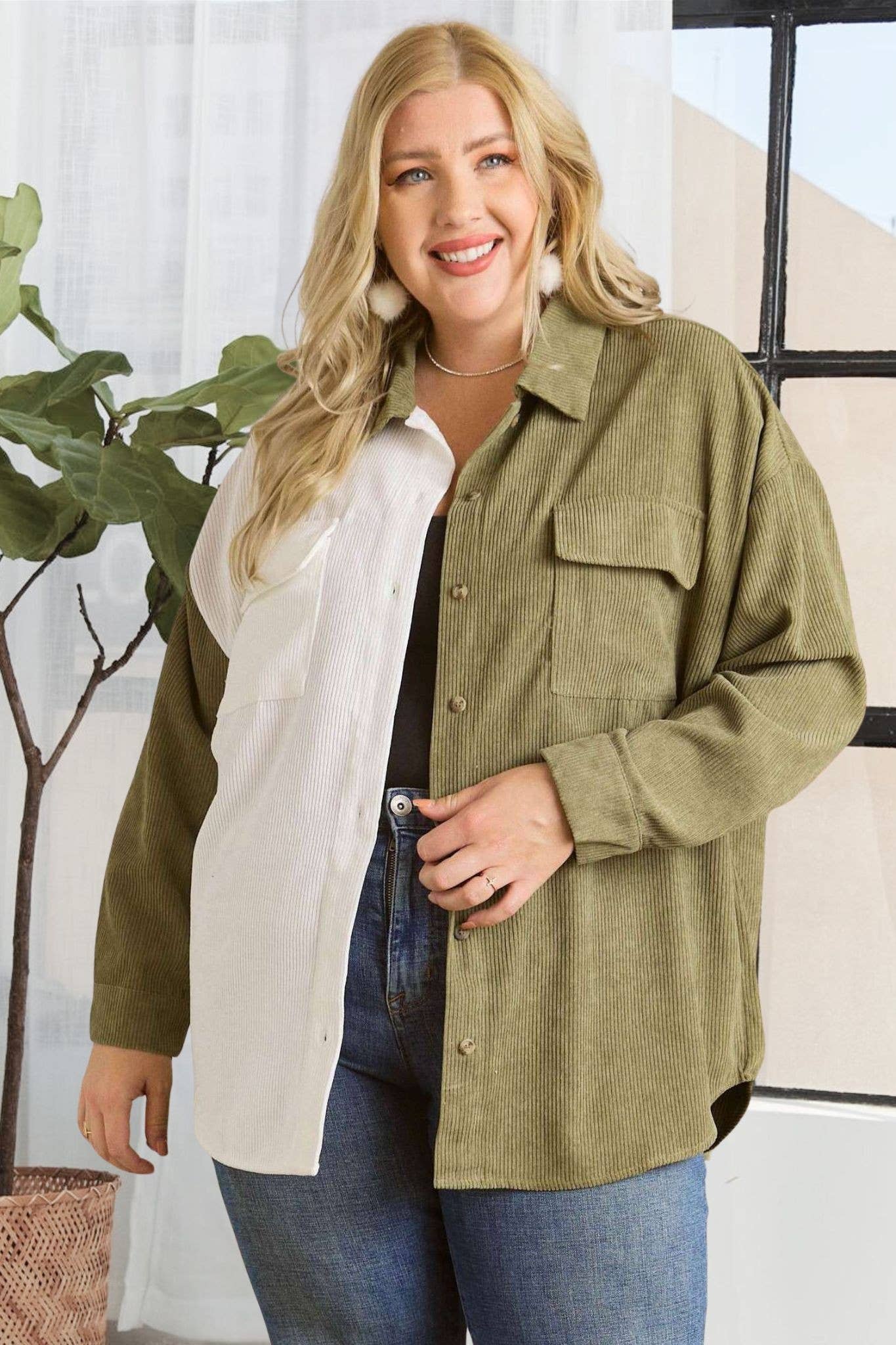 Oakley Plus Size Colorblock Shacket | Olive + White