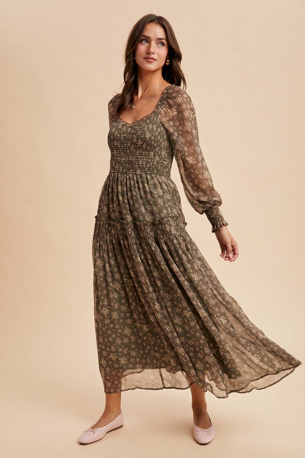 Ivy Smocked Floral Maxi Dress | Dusted Eucalyptus