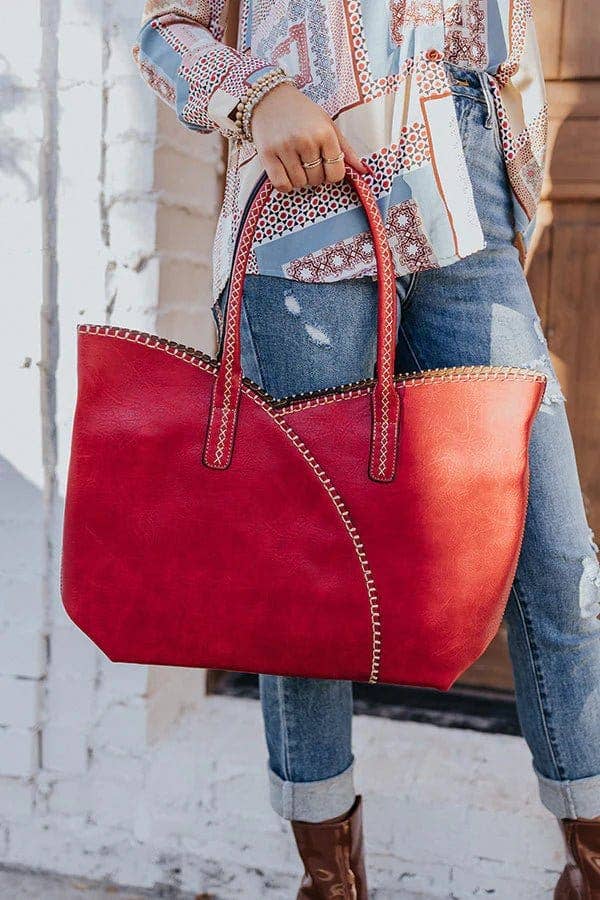 2-in-1 Stitch Trim Detail Shoulder/Tote Set Bag | Black