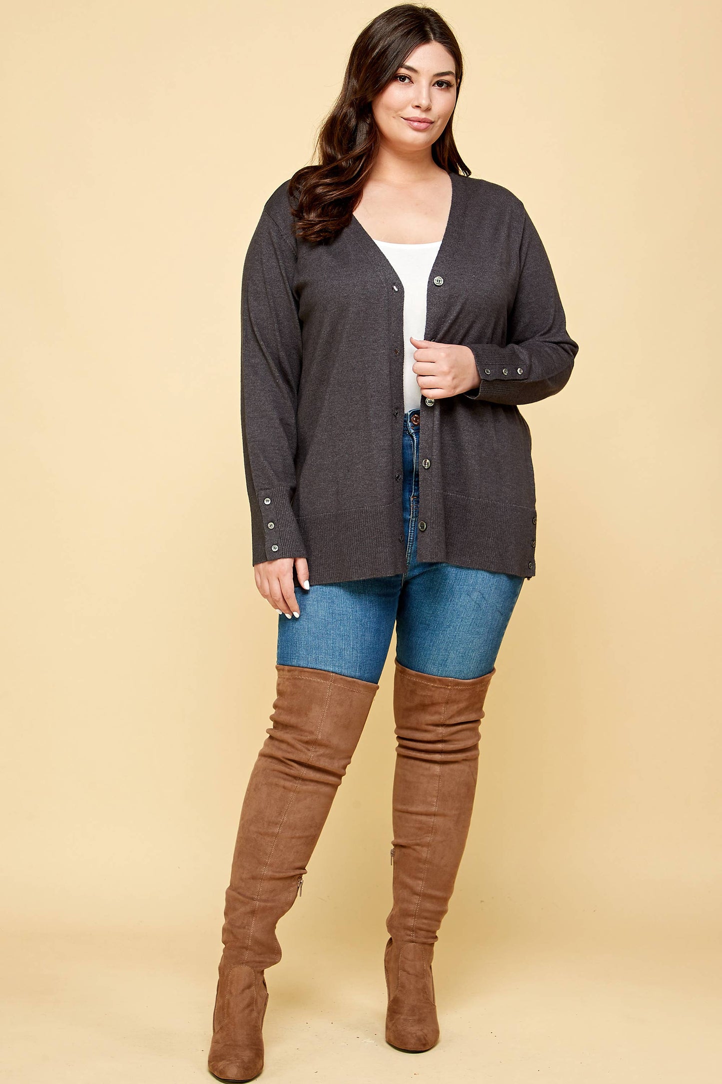 Charlie Plus Size Button Up Knit Cardigan | Charcoal