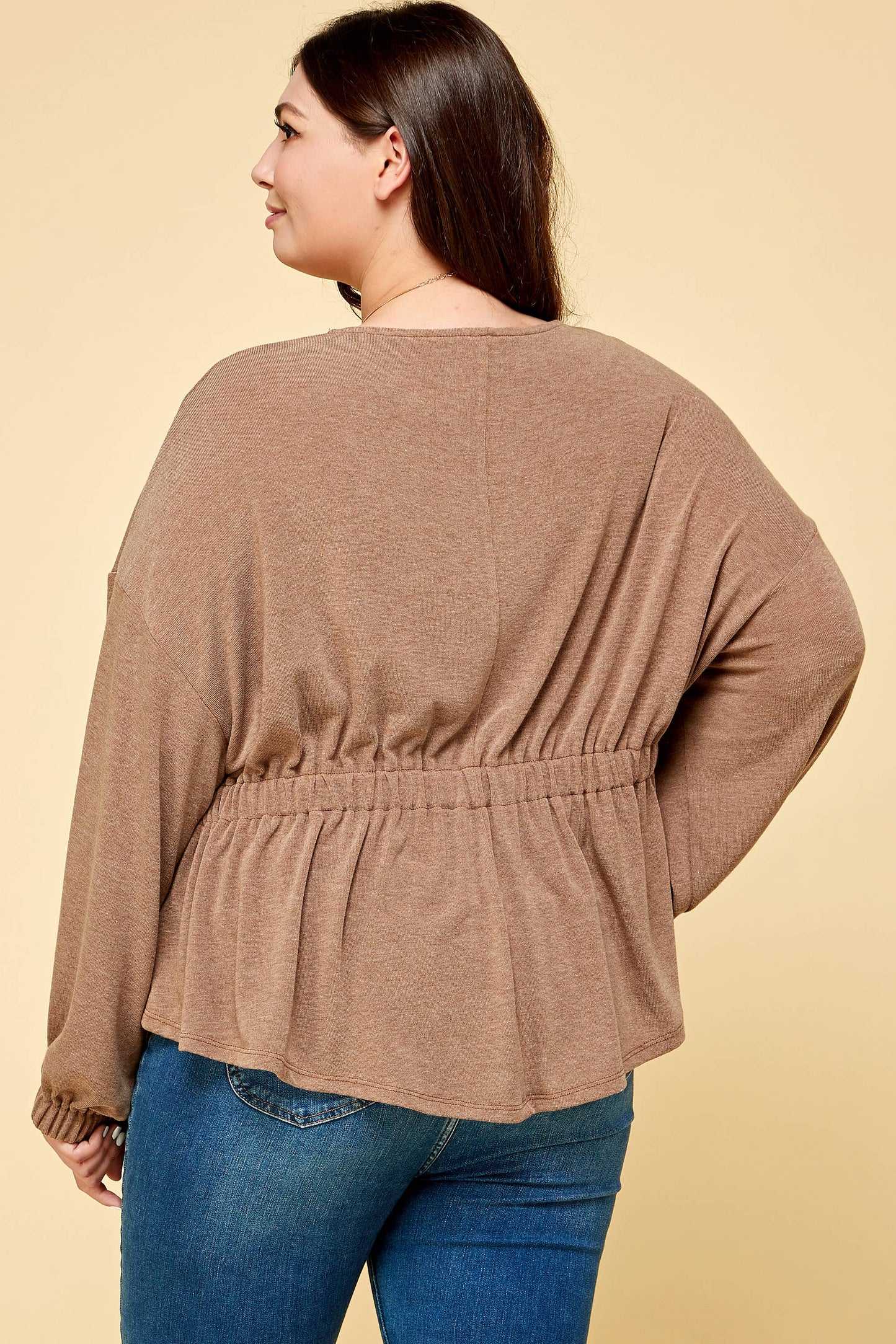 Lesley Plus Size Solid Rouched Back Top | Brown