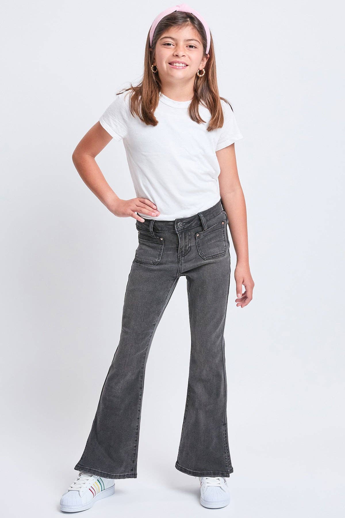 Girls Flare Front Patch Pocket Side Slit Hem Jeans | Black