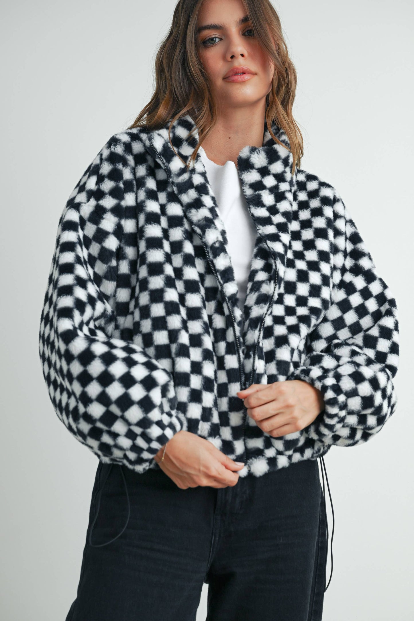 Cozy Checkered Teddy Jacket | TAUPE