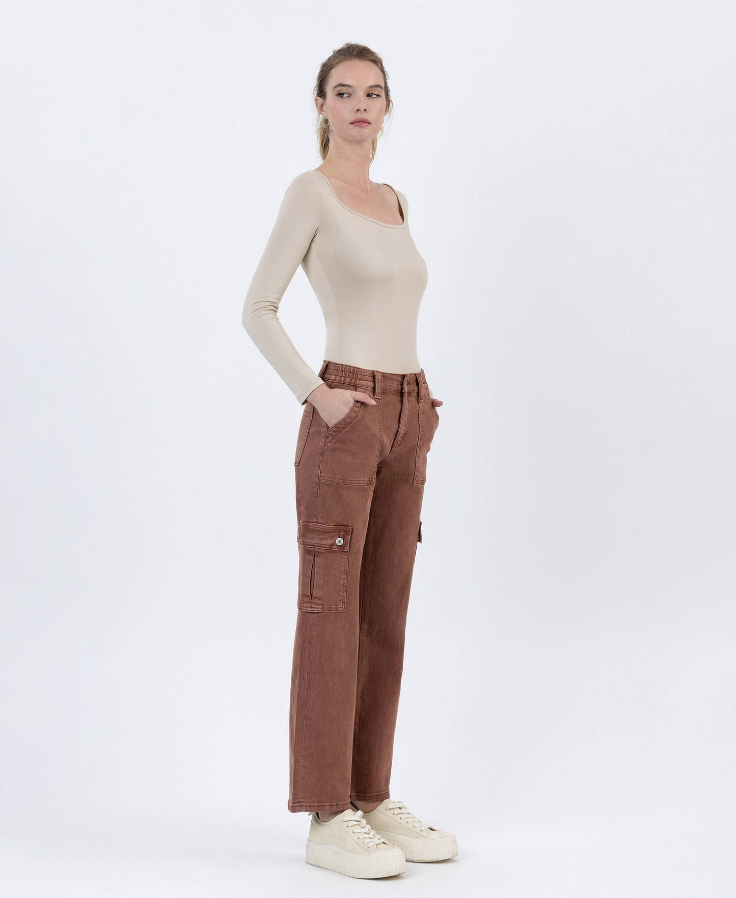 High Rise Patch Pocket Cargo Straight Jeans | Red Brick
