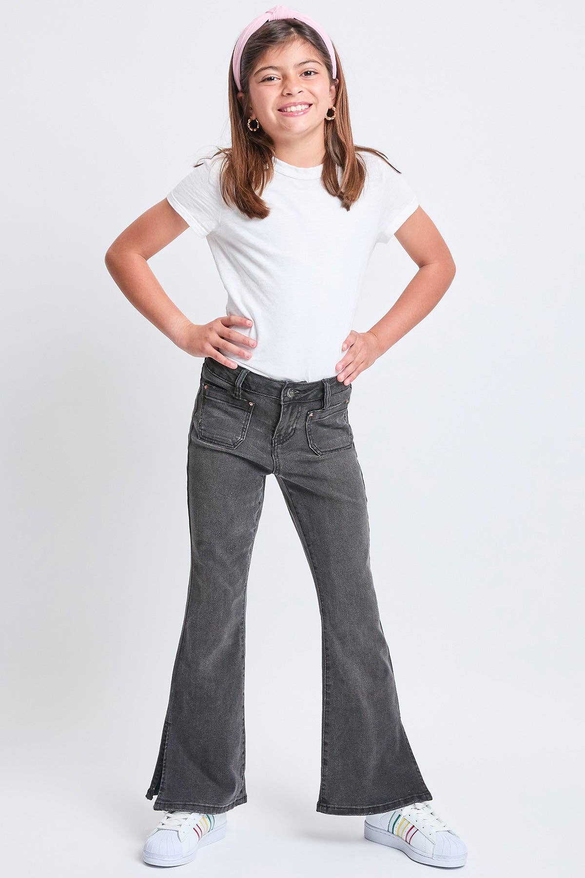 Girls Flare Front Patch Pocket Side Slit Hem Jeans | Black