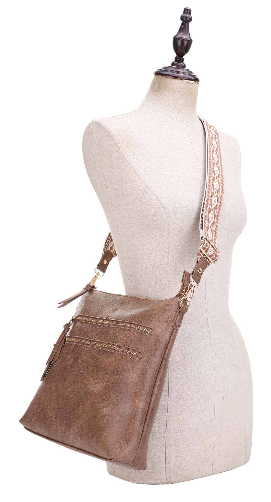 Yeni Double Front Zip Crossbody Bag With Guitar Strap | Taupe