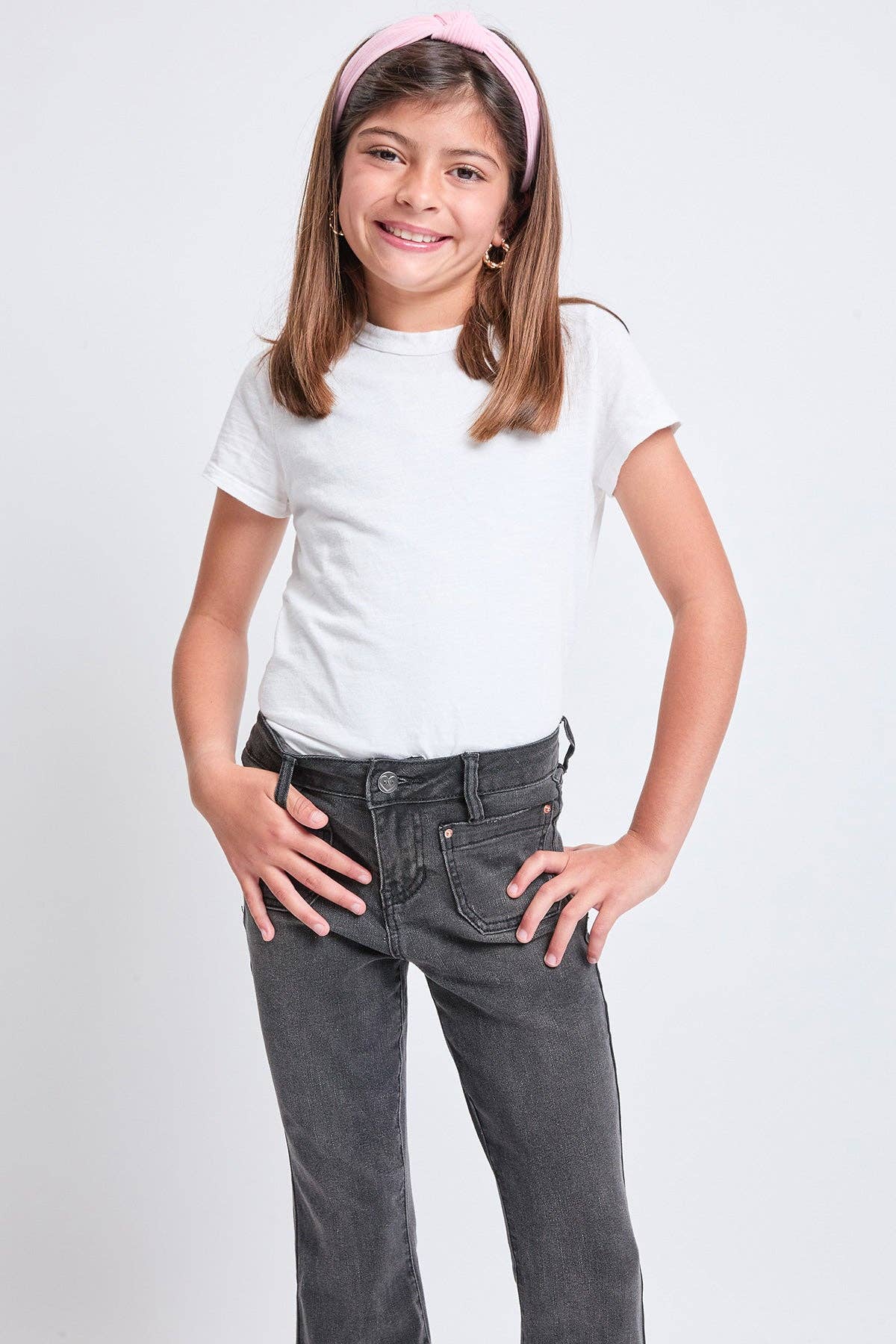 Girls Flare Front Patch Pocket Side Slit Hem Jeans | Black