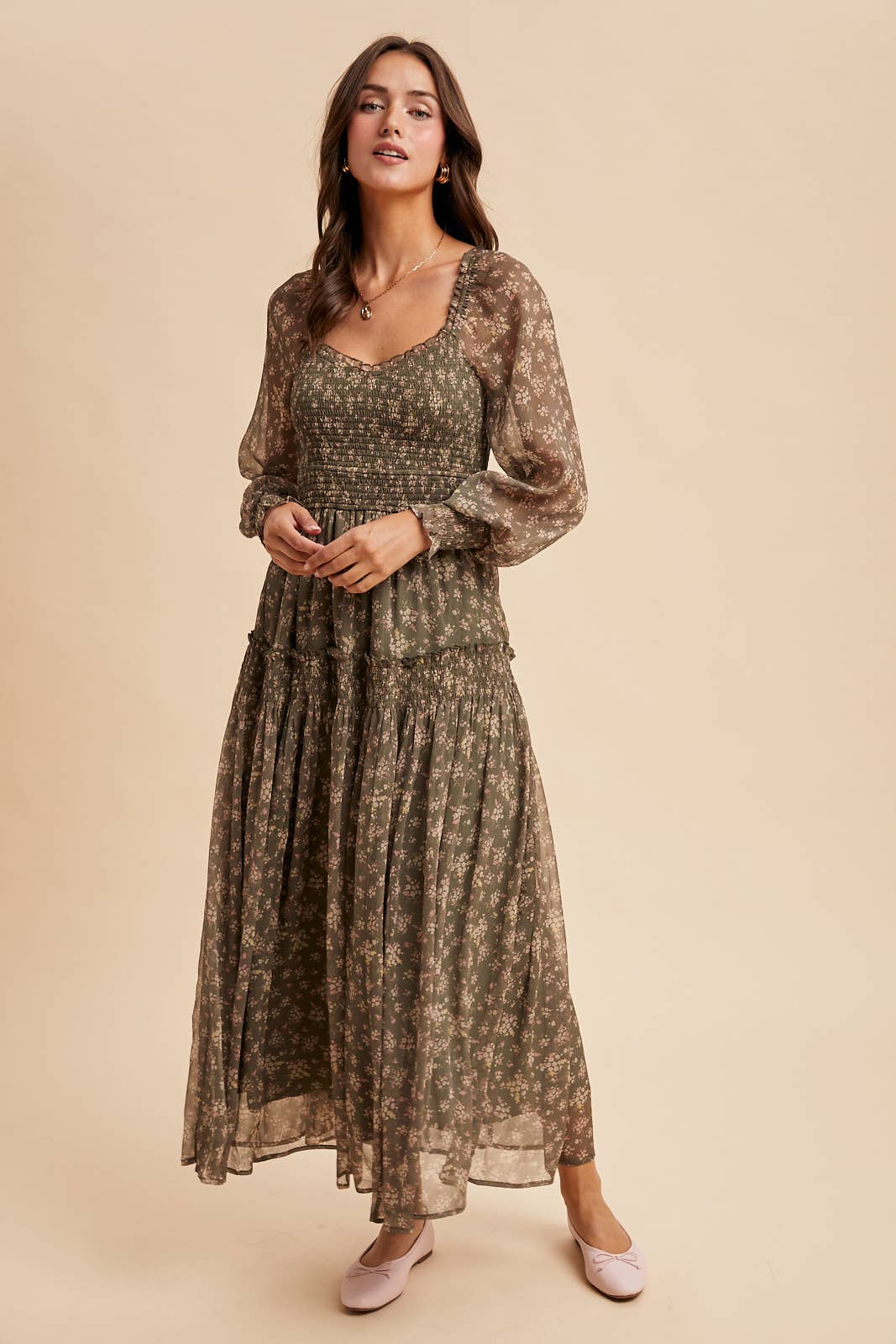 Ivy Smocked Floral Maxi Dress | Dusted Eucalyptus