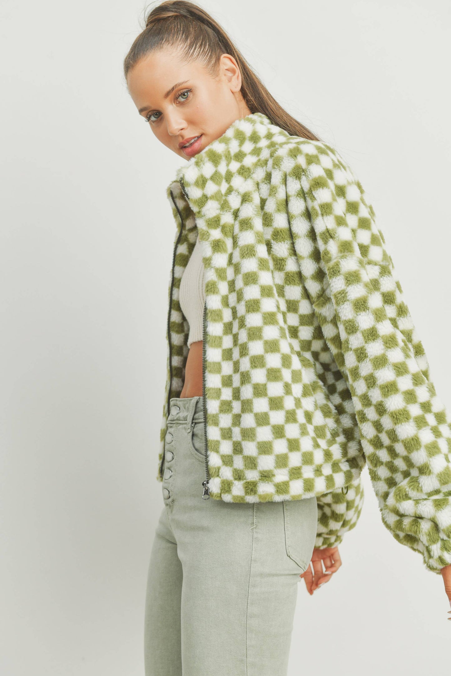 Cozy Checkered Teddy Jacket | TAUPE