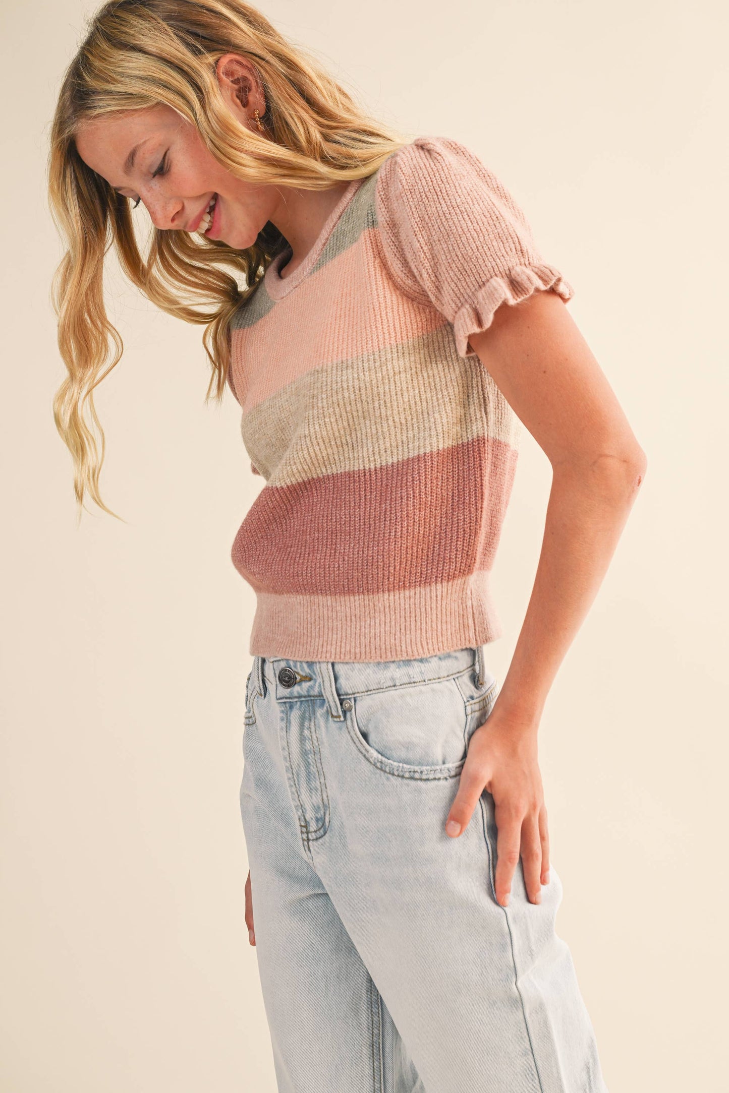 Maeve Tween Striped Puff Sleeve Cropped Sweater