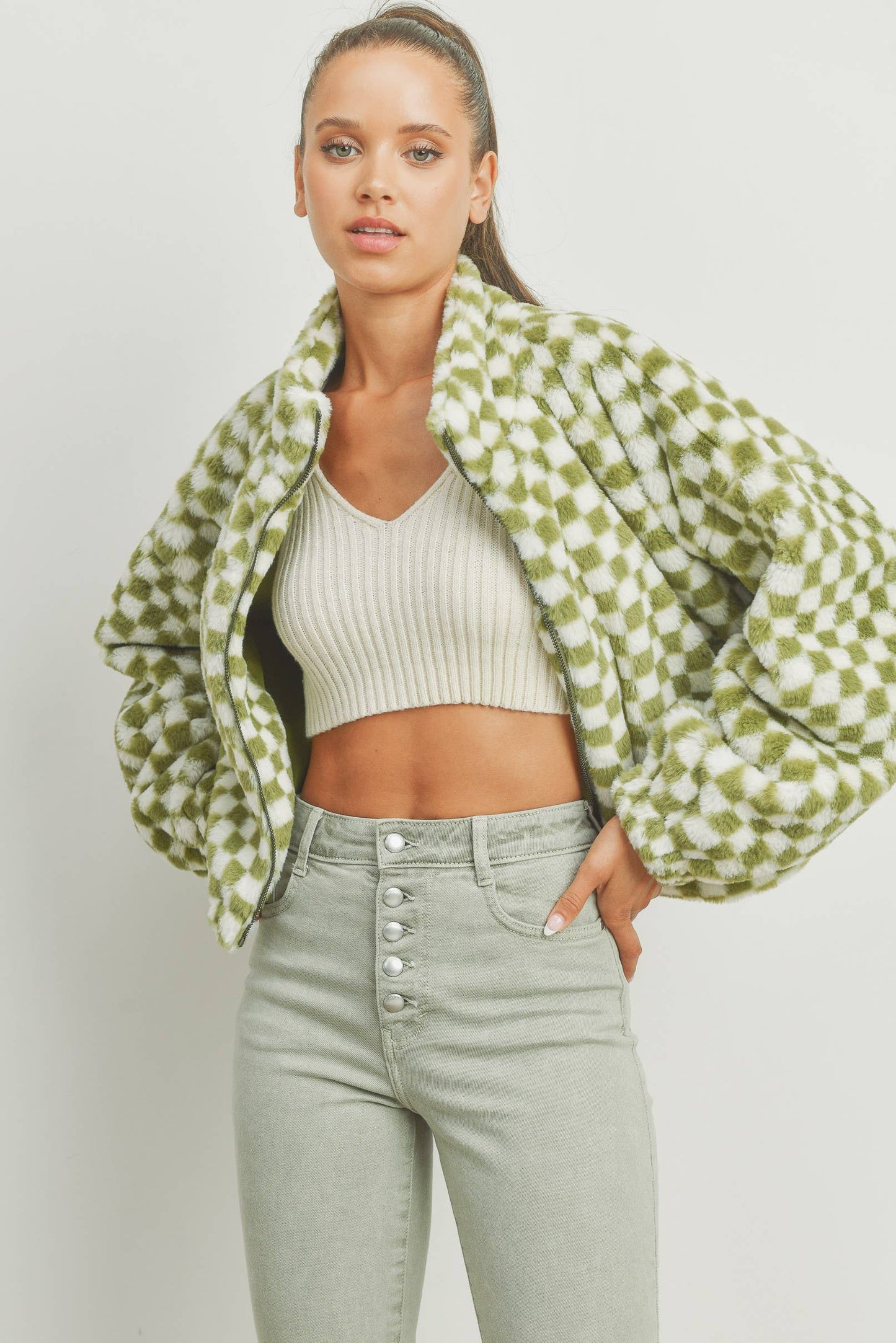 Cozy Checkered Teddy Jacket | TAUPE