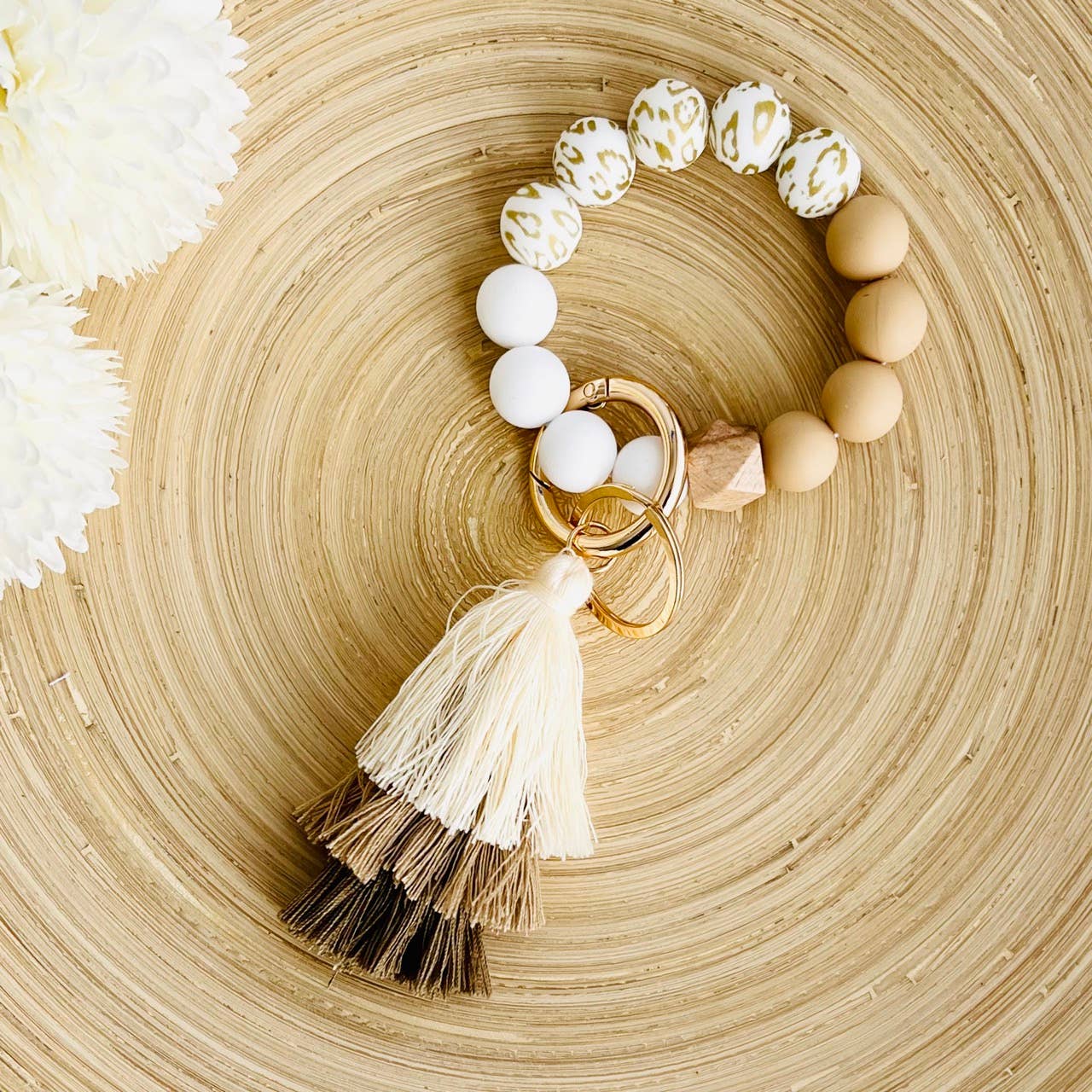 Bangle Keychain | Silicone Wristlet Key Ring | Ombre Tassel: Black Leopard