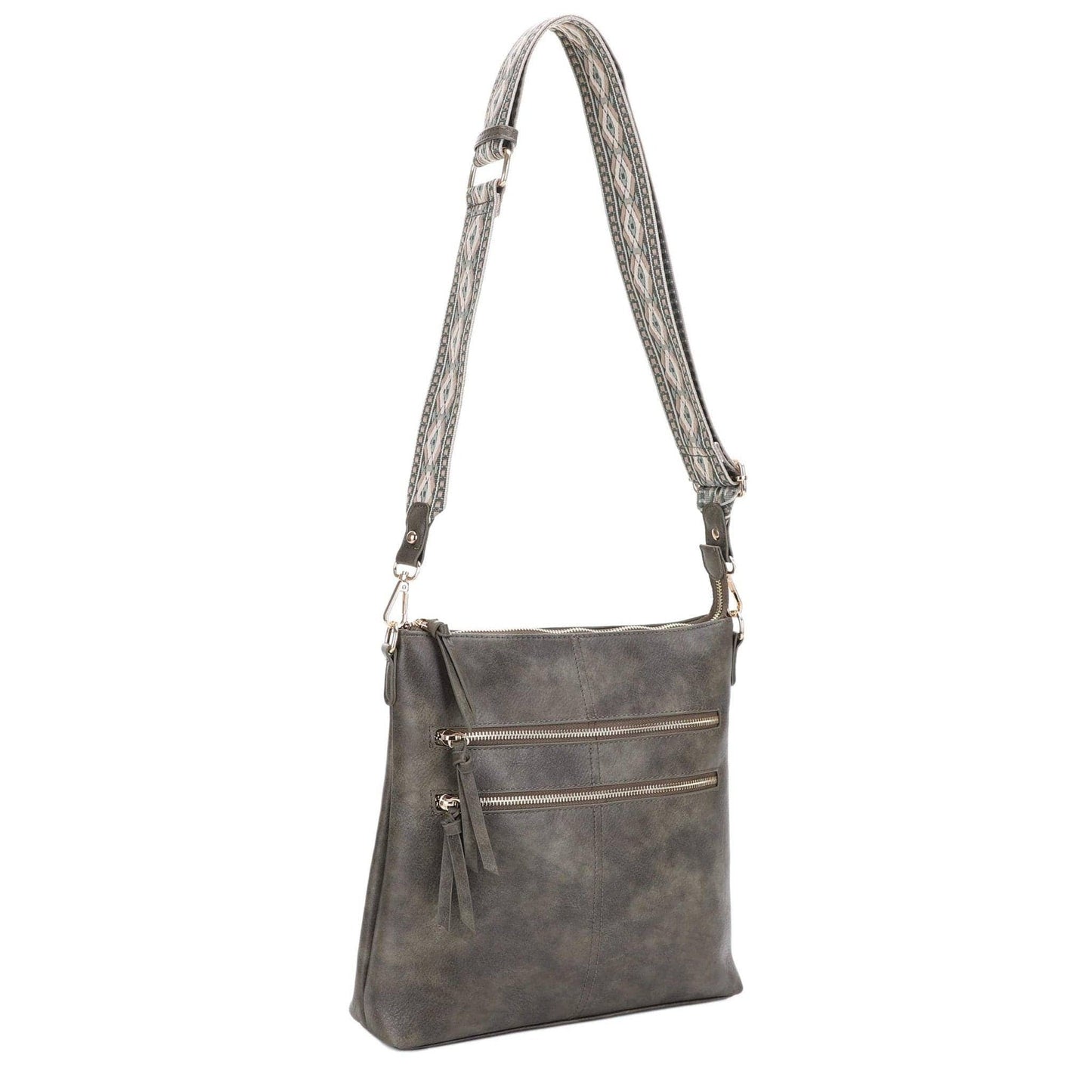 Yeni Double Front Zip Crossbody Bag With Guitar Strap | Taupe