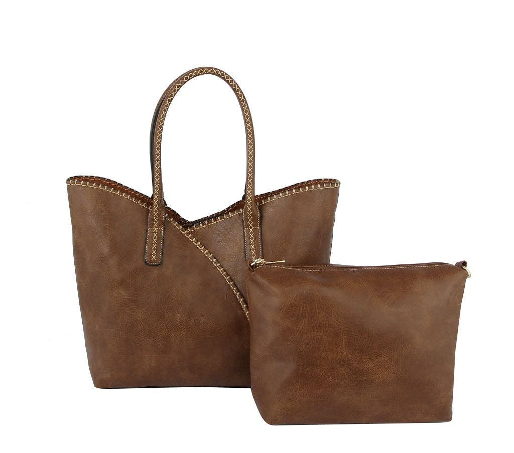 2-in-1 Stitch Trim Detail Shoulder/Tote Set Bag | Black