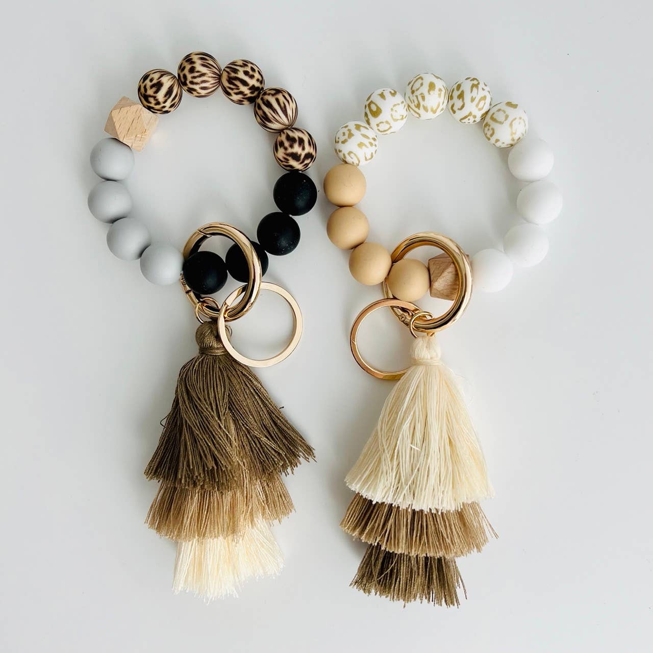 Bangle Keychain | Silicone Wristlet Key Ring | Ombre Tassel: Black Leopard