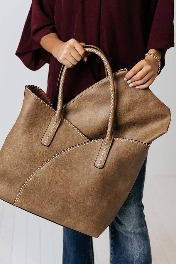 2-in-1 Stitch Trim Detail Shoulder/Tote Set Bag | Black