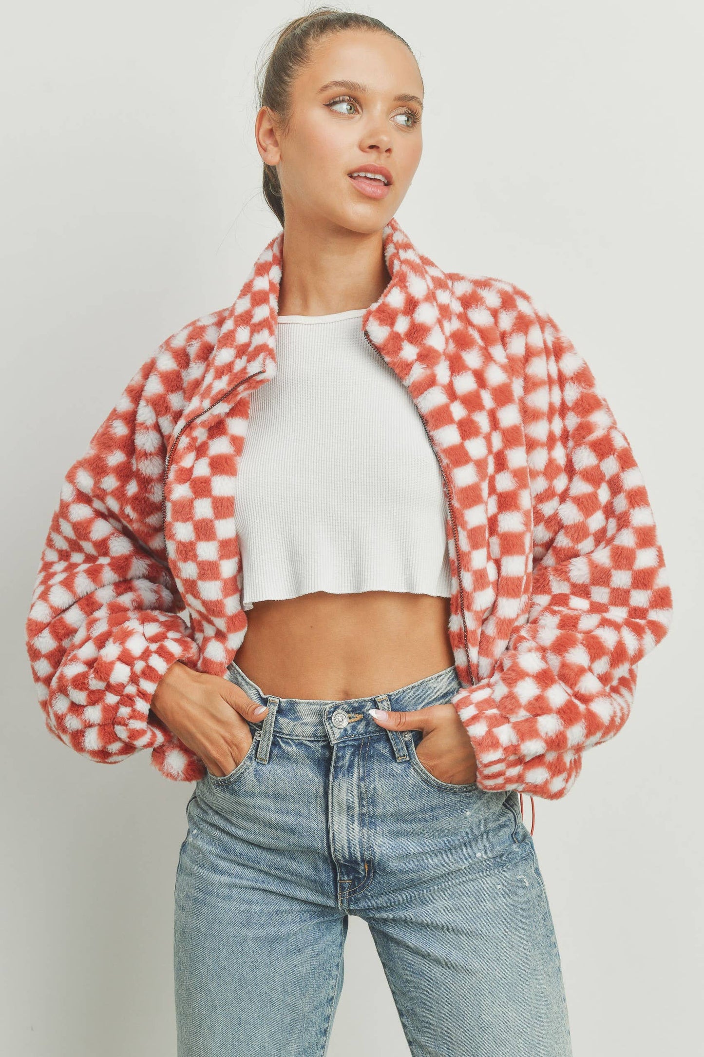 Cozy Checkered Teddy Jacket | TAUPE
