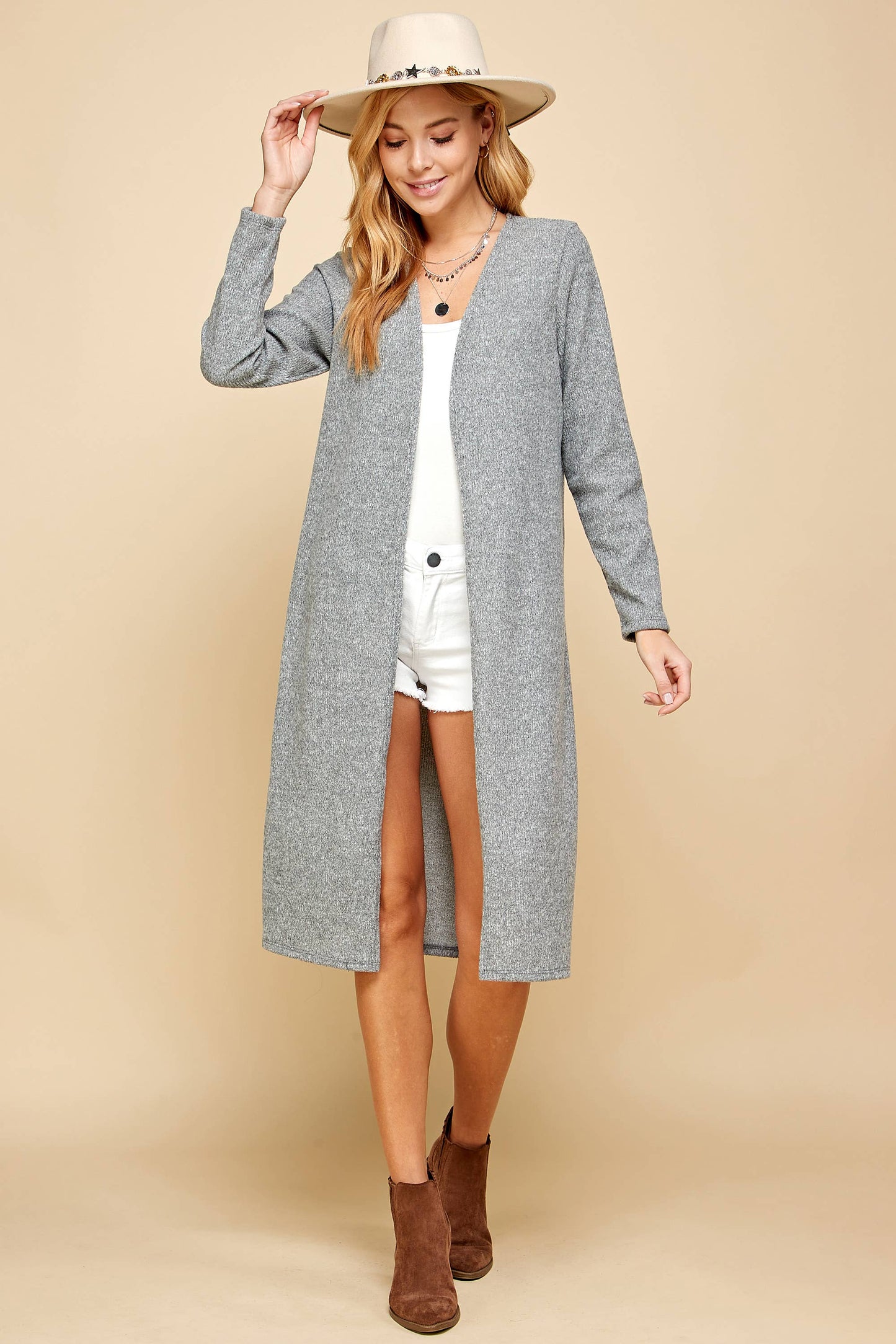 Jane Two-Tone Ribbed Longline Cardigan | Oat + Gray