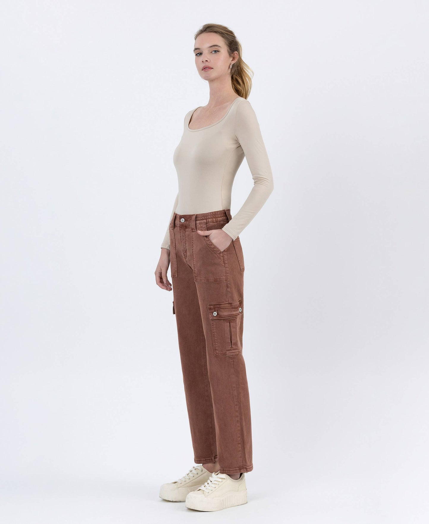 High Rise Patch Pocket Cargo Straight Jeans | Red Brick
