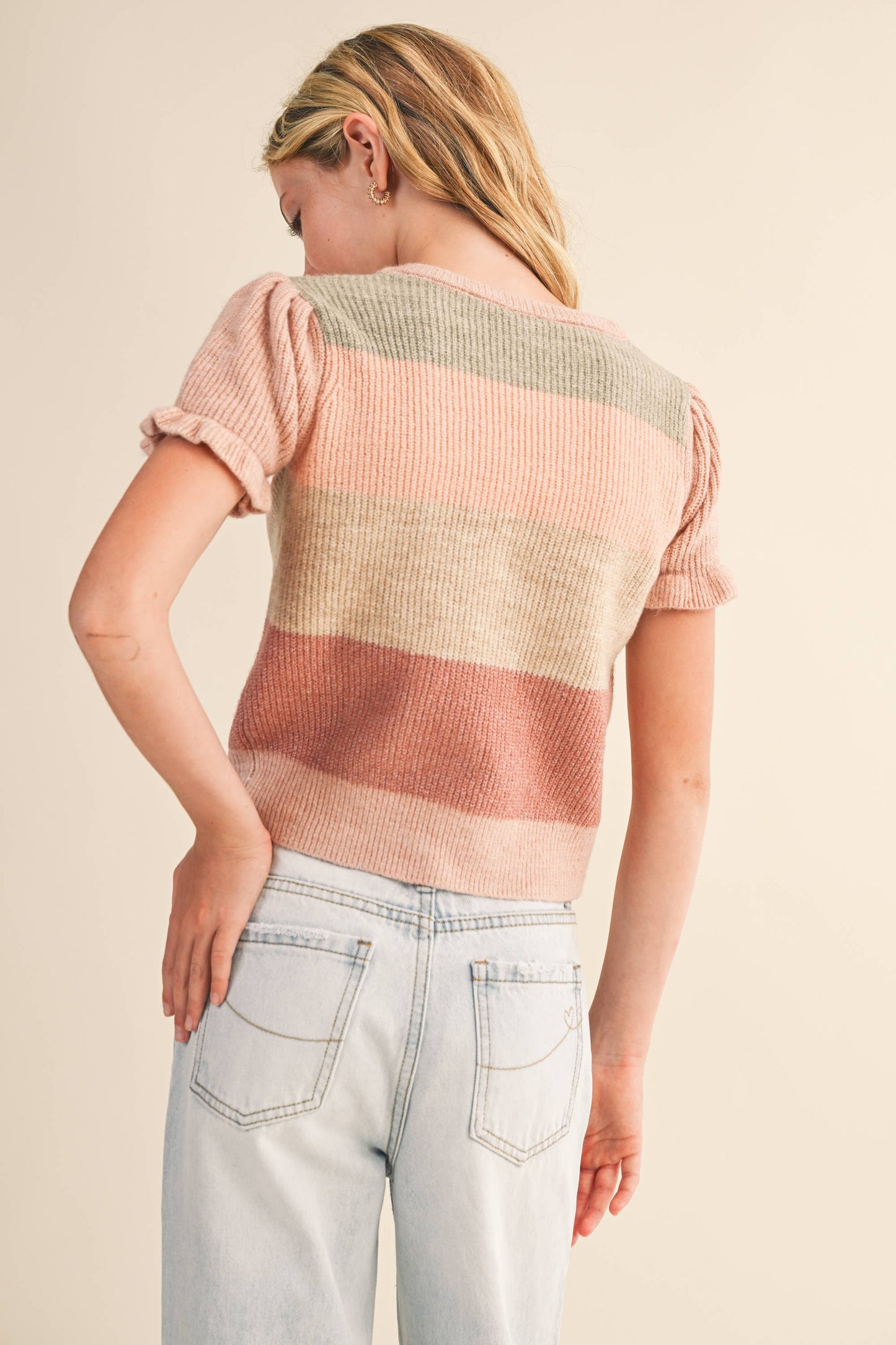 Maeve Tween Striped Puff Sleeve Cropped Sweater