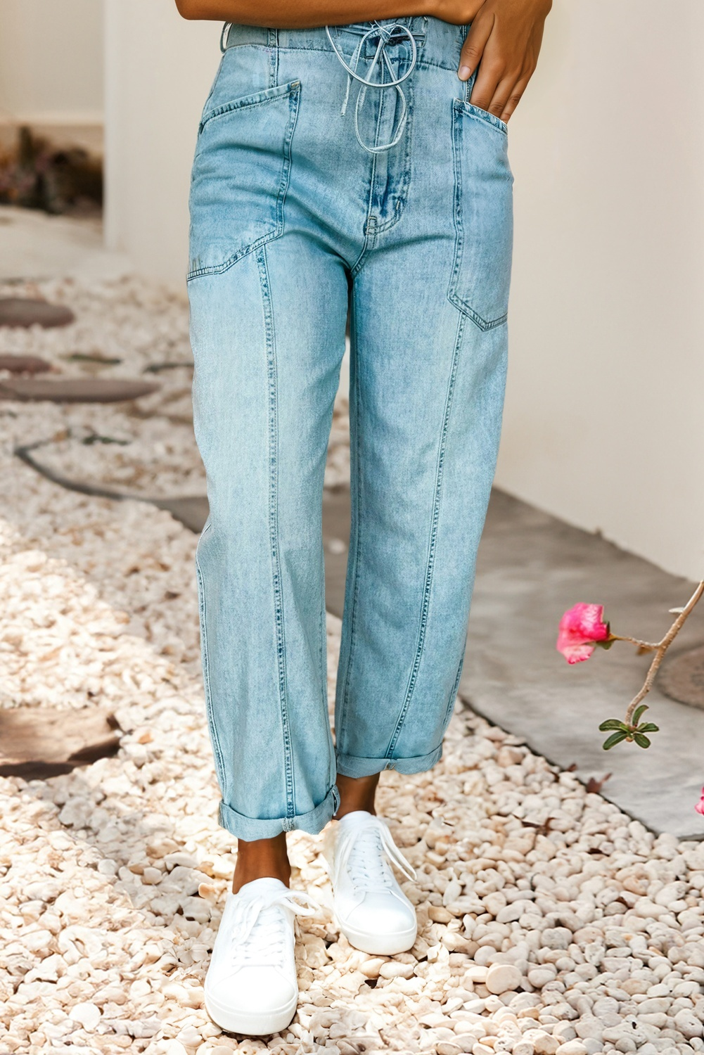 Myosotis Exposed Stitch Detail Drawstring Barrel Jeans