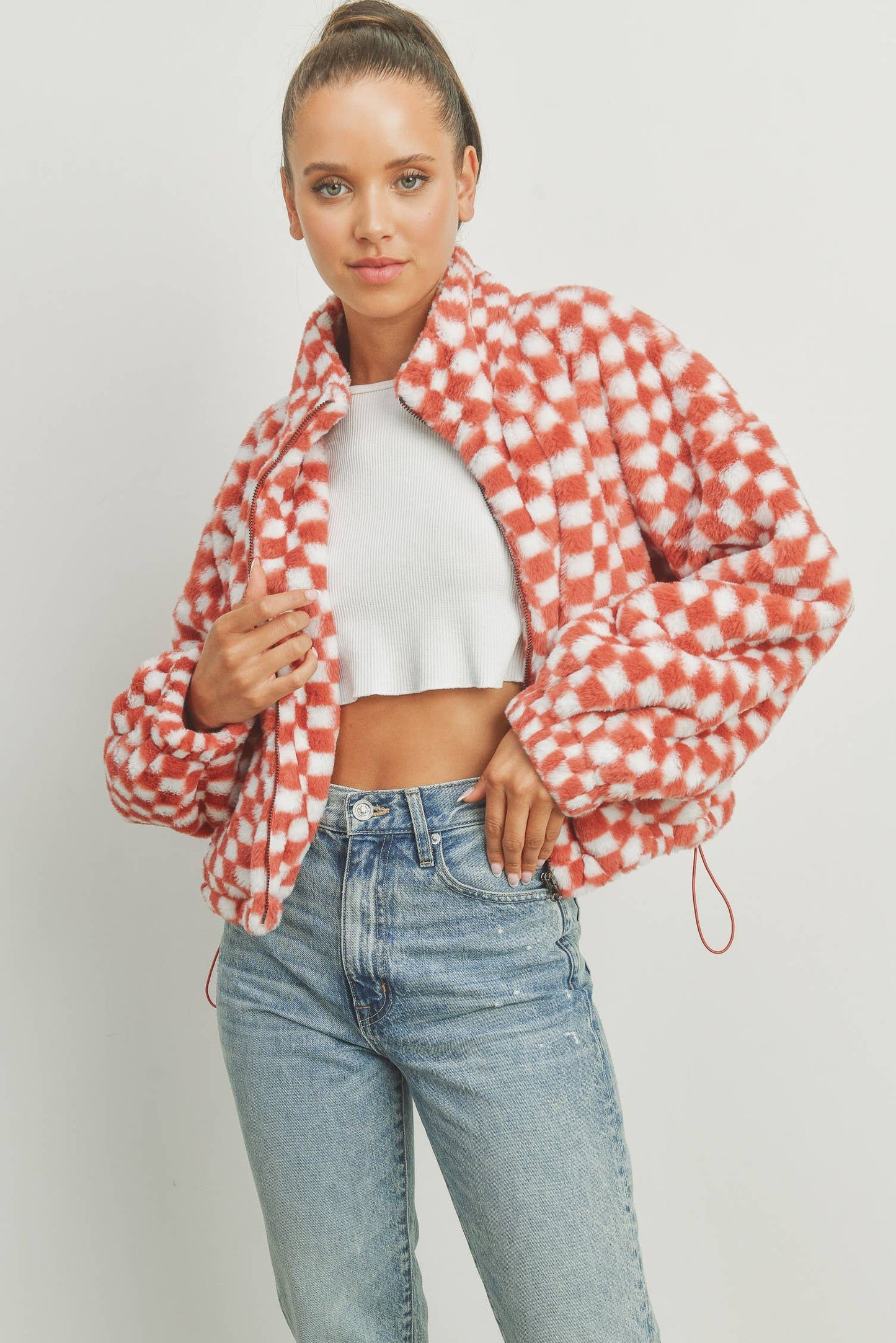 Cozy Checkered Teddy Jacket | TAUPE