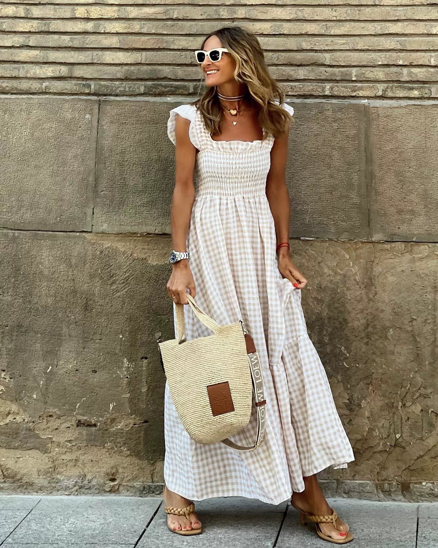 Tami Smocked Checker Dress - Beige