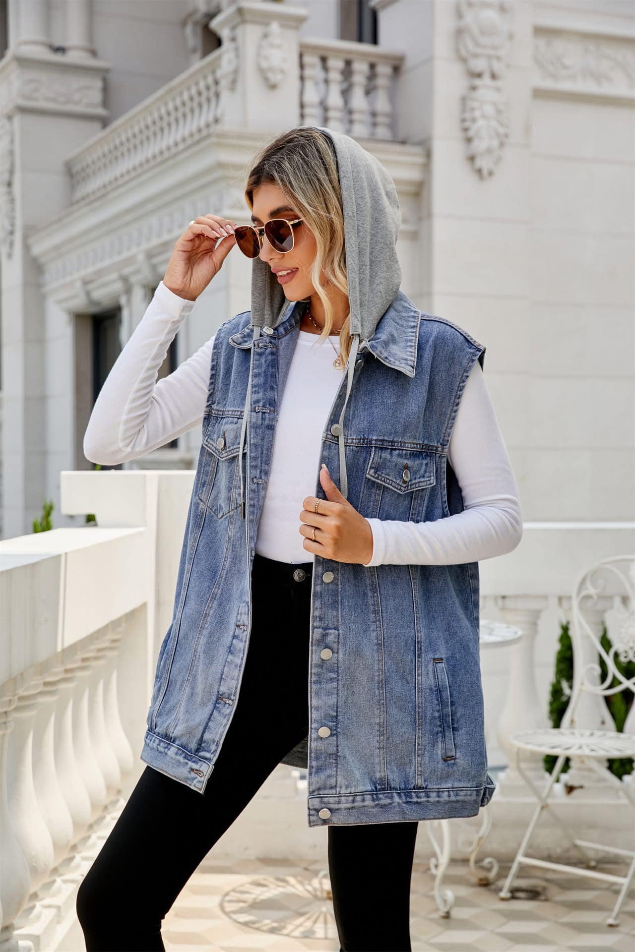 Janie Jean Vest w/ Detachable Hood - Light Wash