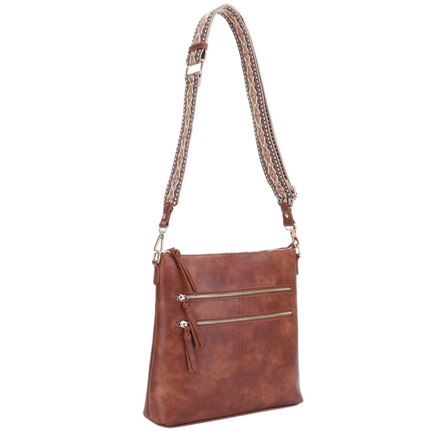 Yeni Double Front Zip Crossbody Bag With Guitar Strap | Taupe