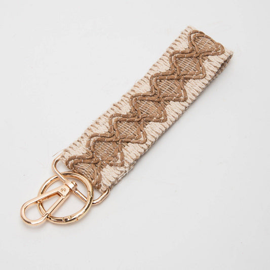 Wave Pattern Straw Wristband/Key Chain | Beige Brown