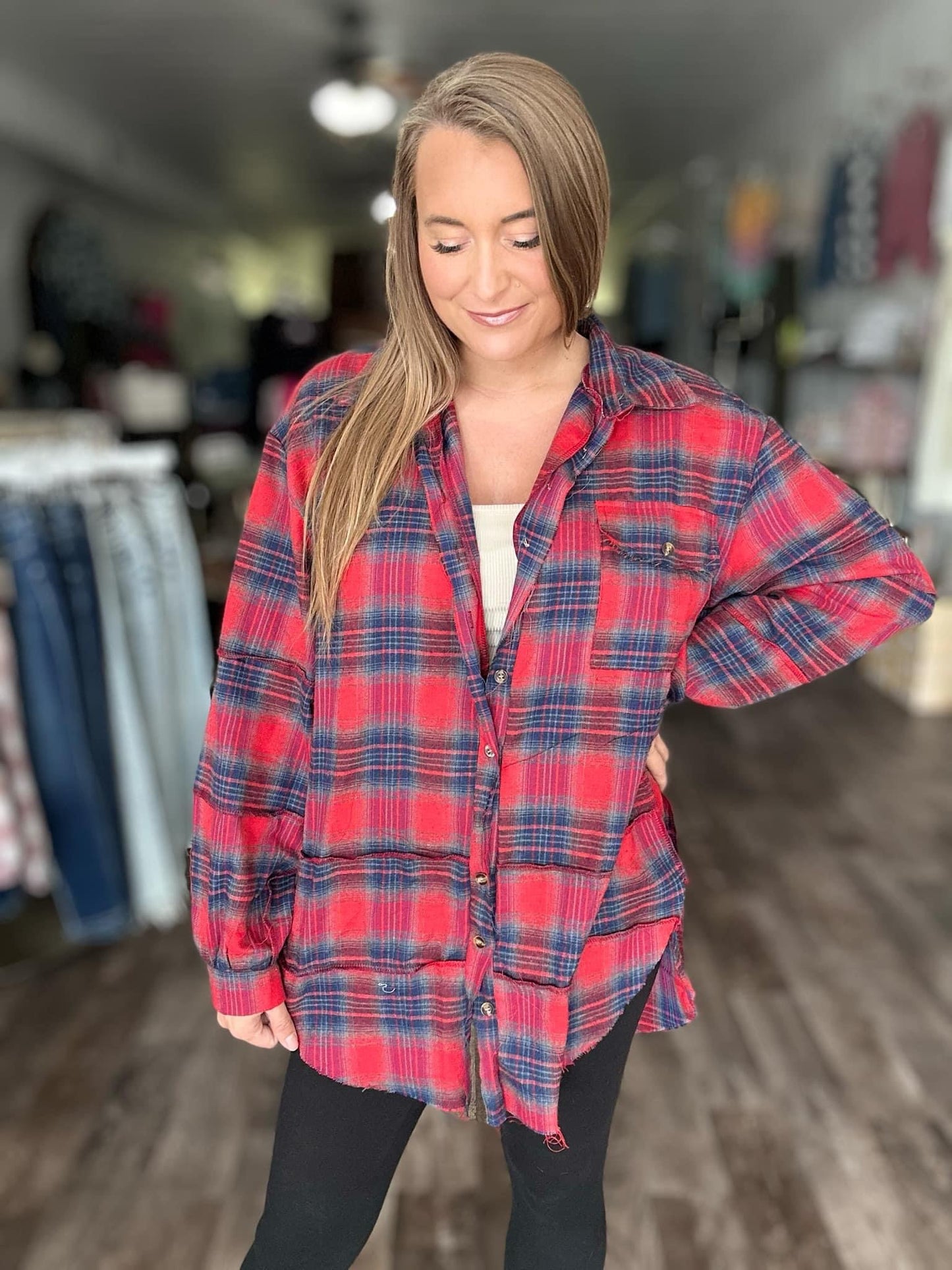 The Randi Raw Hem Oversized Flannel - White (C3)