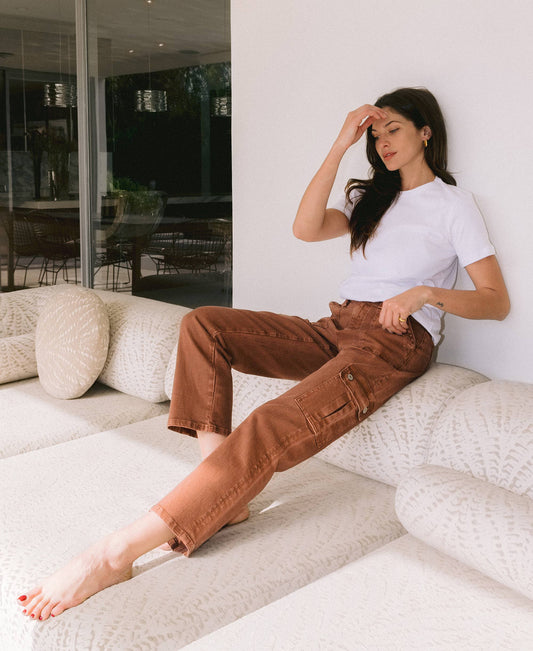 High Rise Patch Pocket Cargo Straight Jeans | Red Brick