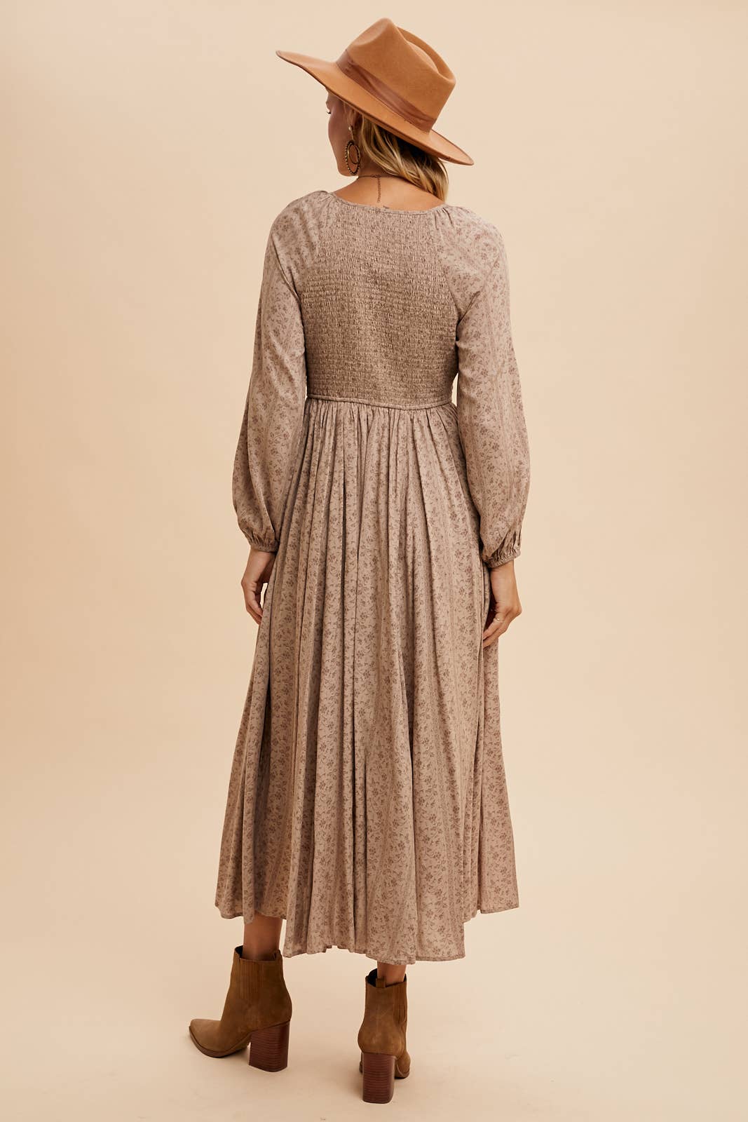 Saundra Smocked Floral Dress - Taupe
