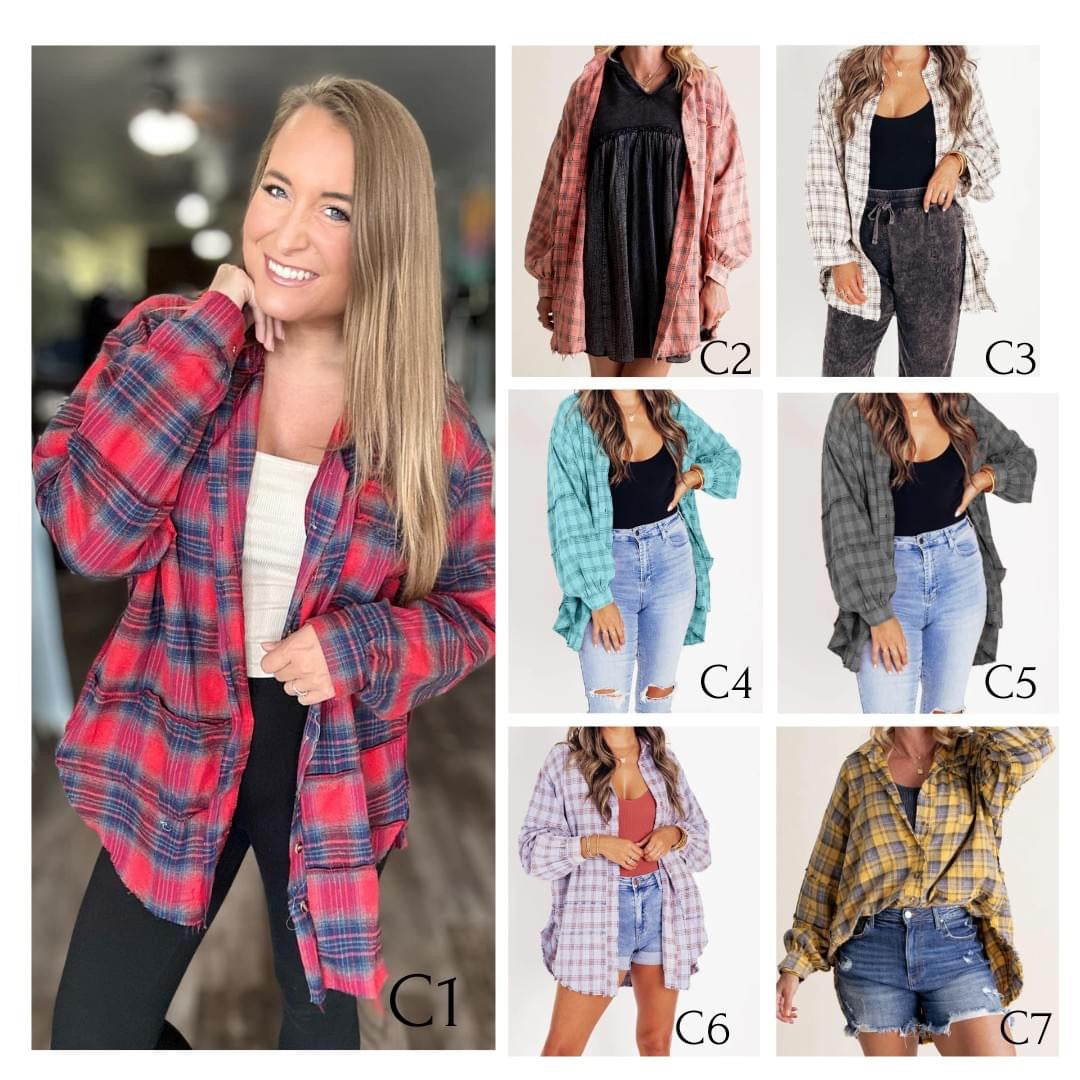 The Randi Raw Hem Oversized Flannel - White (C3)