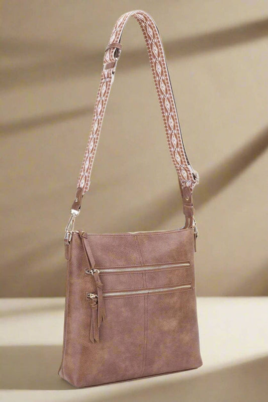 Yeni Double Front Zip Crossbody Bag With Guitar Strap | Taupe