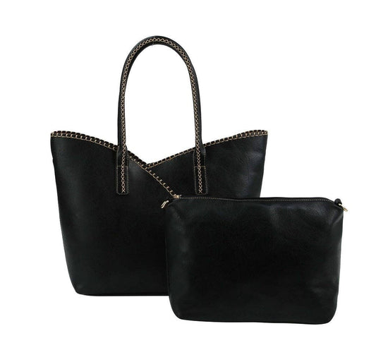 2-in-1 Stitch Trim Detail Shoulder/Tote Set Bag | Black