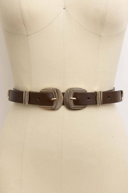 Double Buckle Faux Leather Western Style Belt | Brown