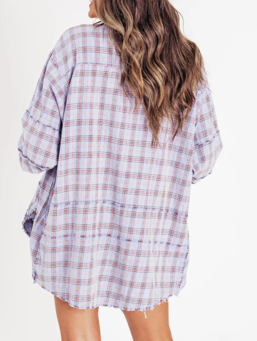 The Randi Raw Hem Oversized Flannel - White (C3)