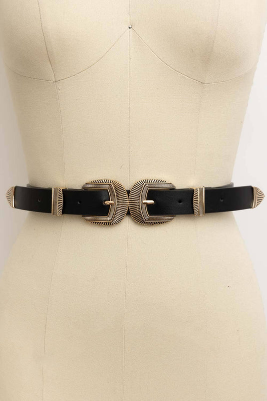 Double Buckle Faux Leather Western Style Belt | Black