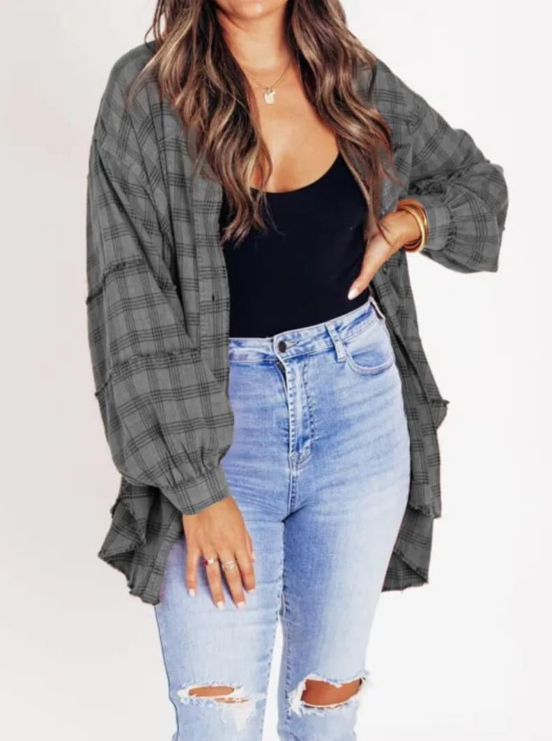 The Randi Raw Hem Oversized Flannel - Charcoal (C5)