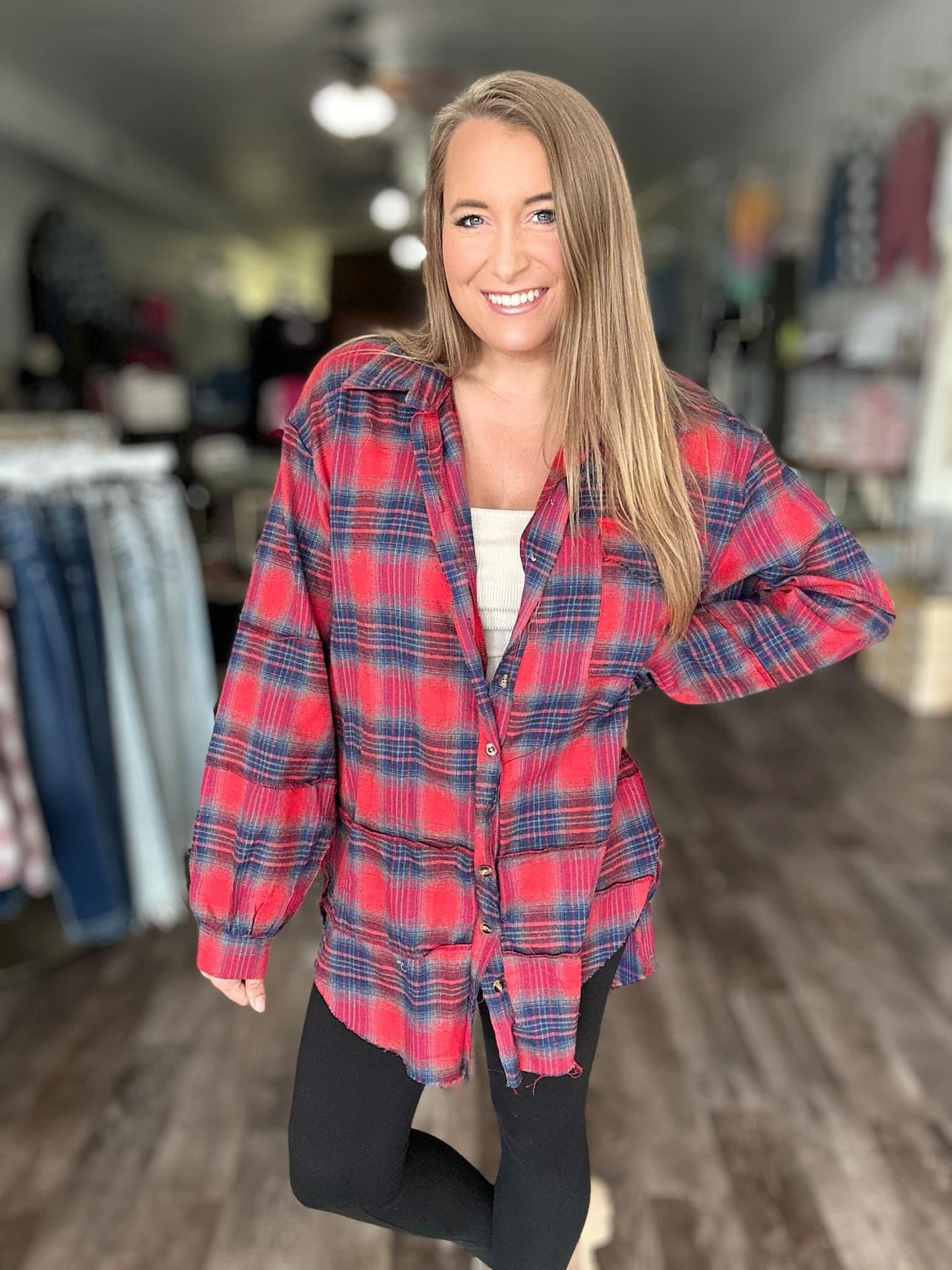 The Randi Raw Hem Oversized Flannel - White (C3)