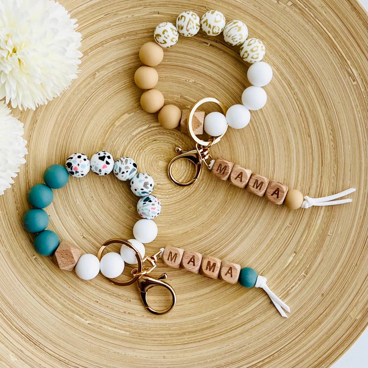 MAMA Bangle Keychain Silicone Wristlet Keyring Bead Bracelet: MAMA Plum