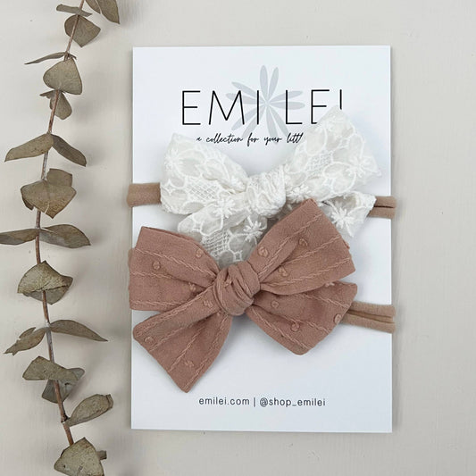 Nylon Stretchy Bow Headband Set | Rose Mauve+ Lace