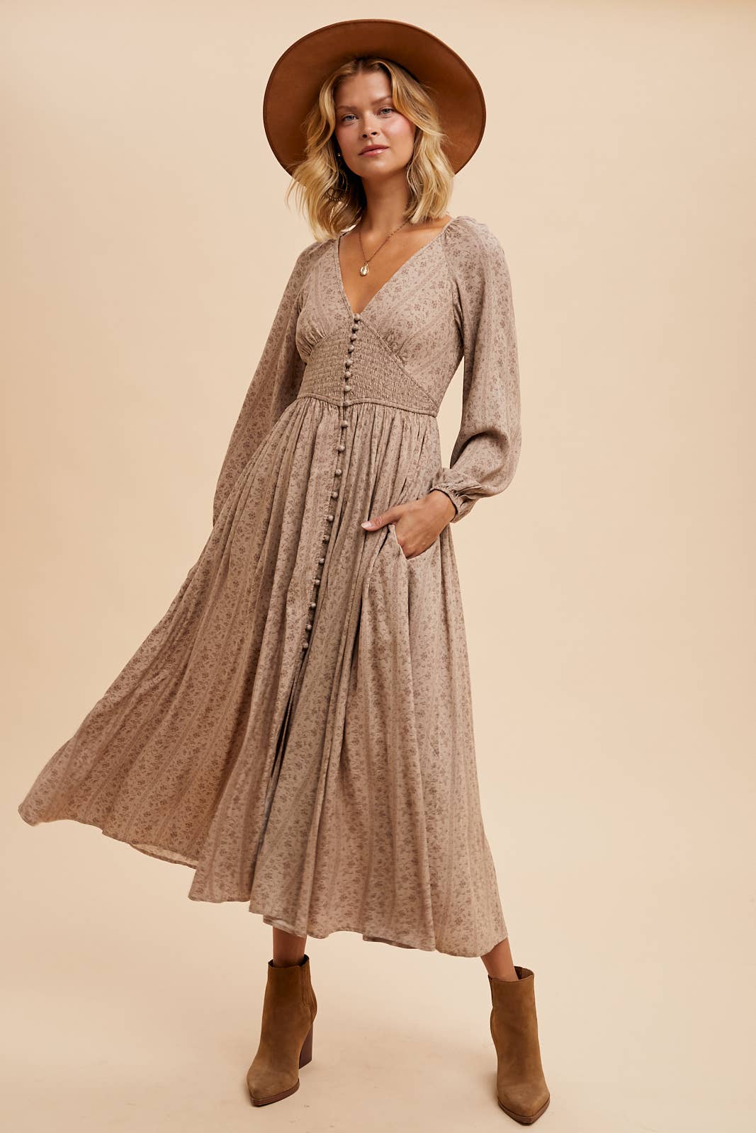 Saundra Smocked Floral Dress - Taupe