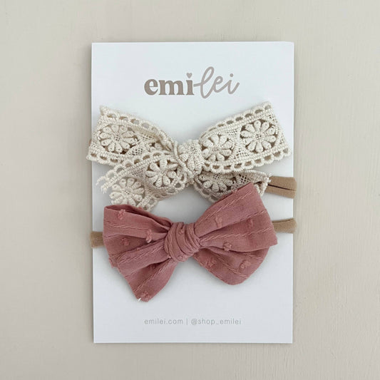 Nylon Stretchy Bow Headband Set | Cream Lace + Pink