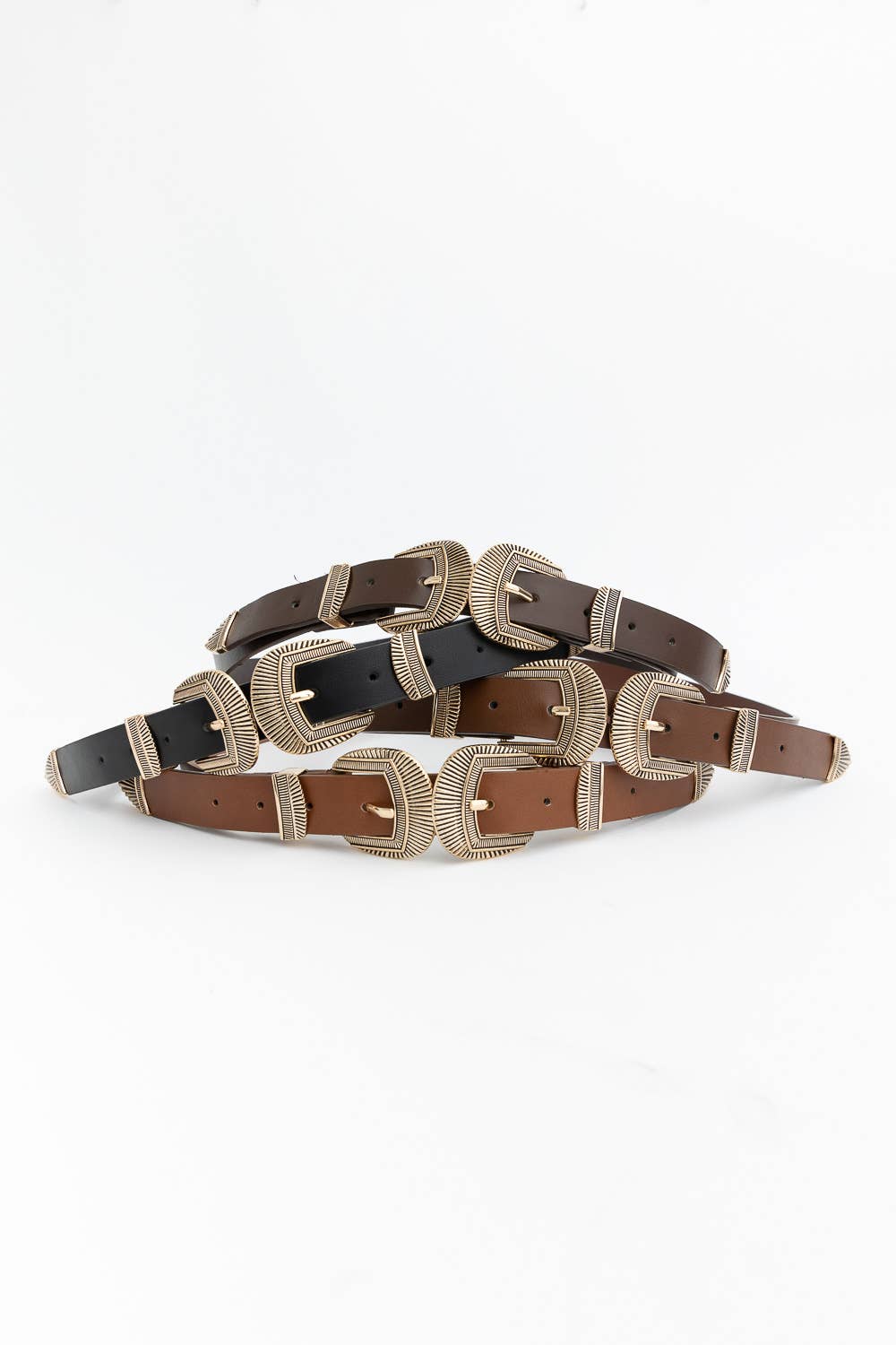 Double Buckle Faux Leather Western Style Belt | Brown