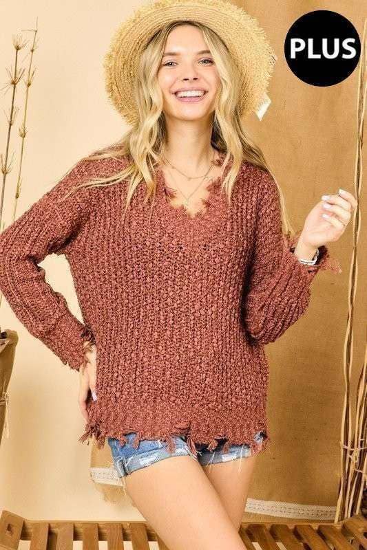 Dixie Plus Size Distressed Sweater | Olive