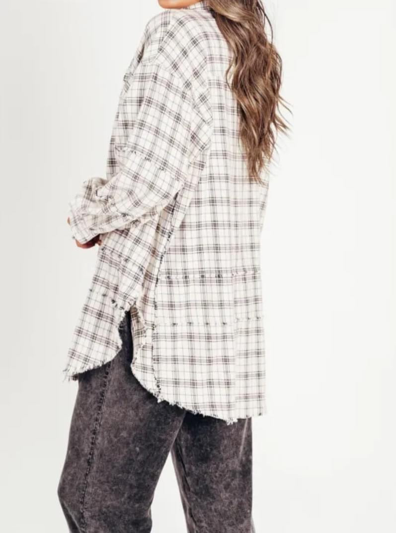The Randi Raw Hem Oversized Flannel - White (C3)